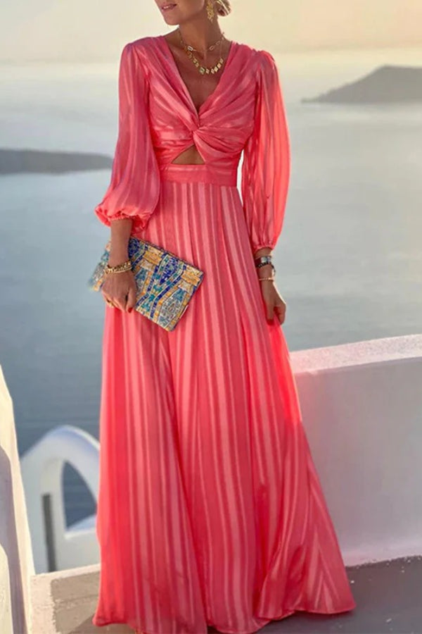 Fabiana Exclusive Striped Bow Maxi Dress with Hollow Out V Neckline and Bishop Sleeves Statement Occasion Edit