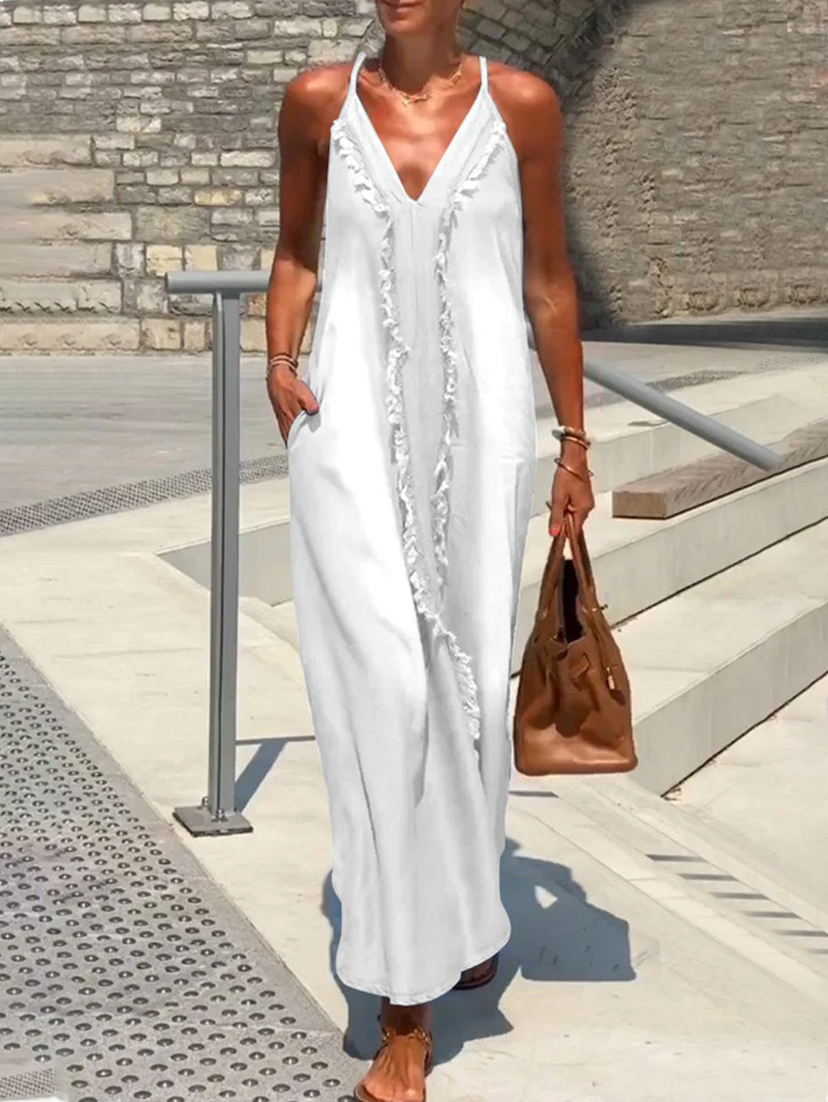 Raw Edge V Neck Pocket Maxi Dress Sleeveless - Omychic