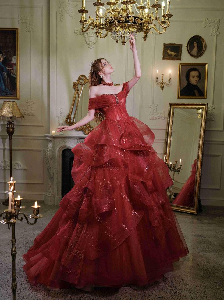 Glitter Off-Shoulder Evening Gown, Red Tulle Beaded Ball Gown Fairy Quinceanera Dress - View 3 | VelvetHem
