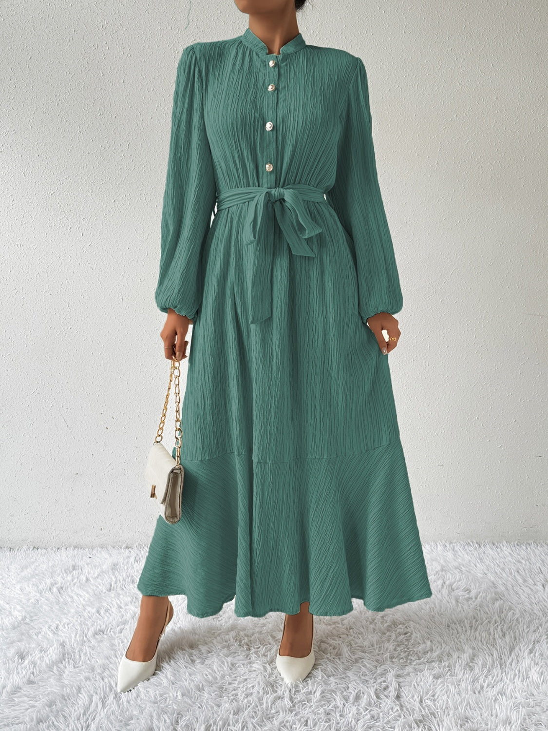 Delaney Chic Long Sleeved Maxi Dress with Tie Belt Elevated Occasion Wear