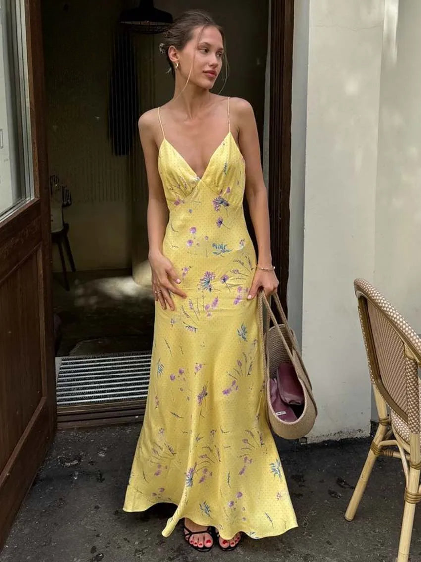 Yellow Print Open Back Spaghetti Summer Dress - VelvetHem