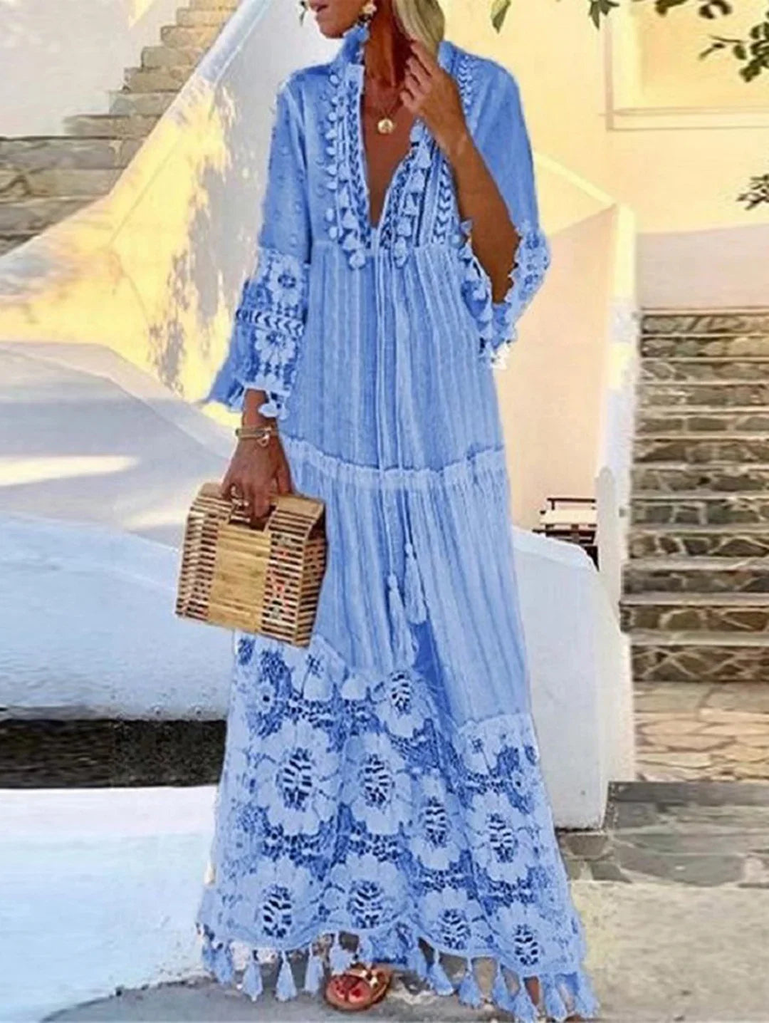 Loose Yellow Boho Deep V Neck Lace Fringe Maxi Dress - Omychic
