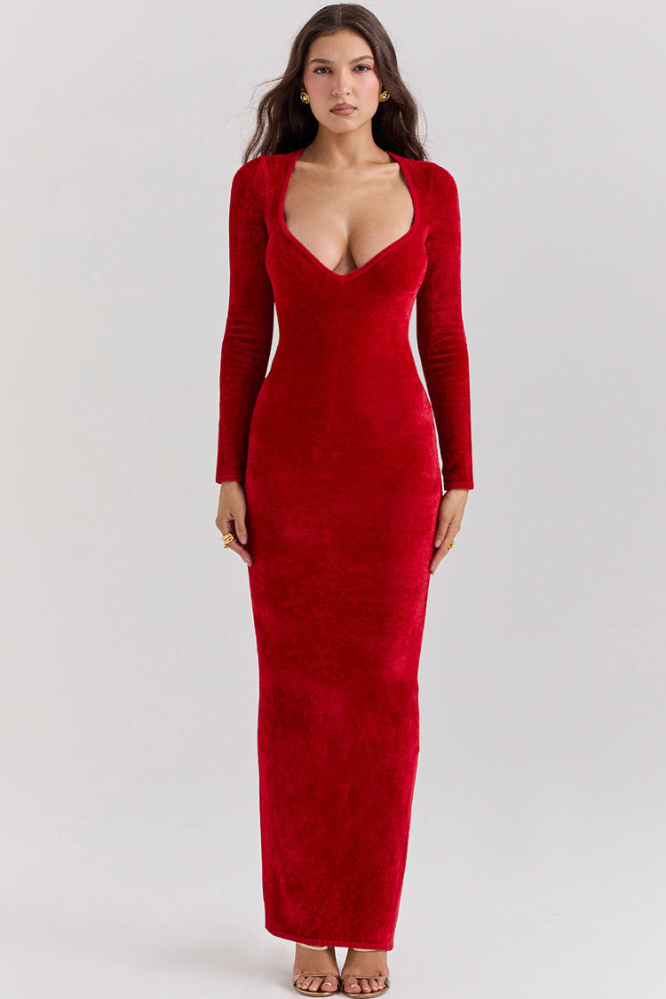 Sexy Sweetheart Neck Long Sleeve Velvet Bodycon Maxi Evening Dress - Red - VelvetHem