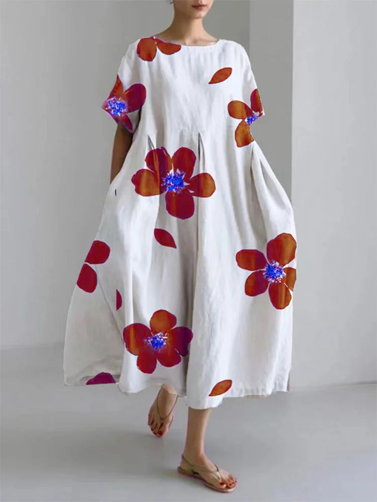 Nanda Effortless Women's Casual Loose Round Neck Floral Dress for Spring and Summer Evening Wear Edit