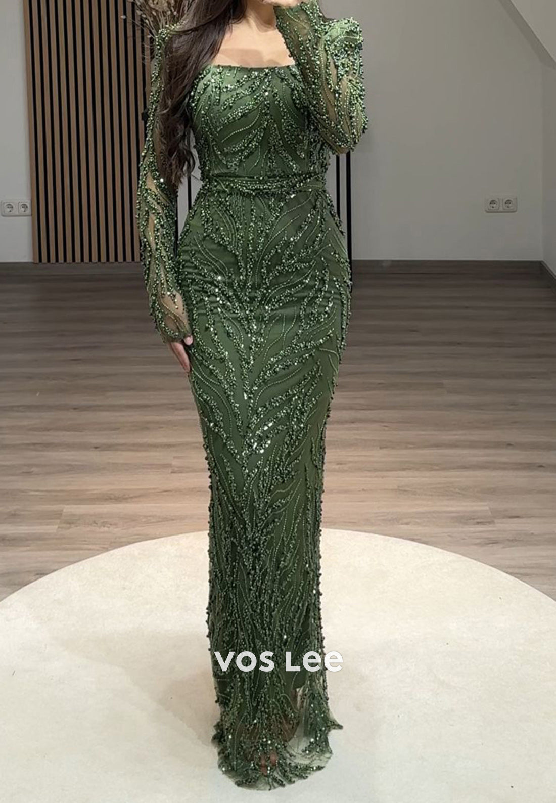 Full Beaded Square Evening Dress Long Sleeves Sheath Formal Party Gown - View 3 | VelvetHem