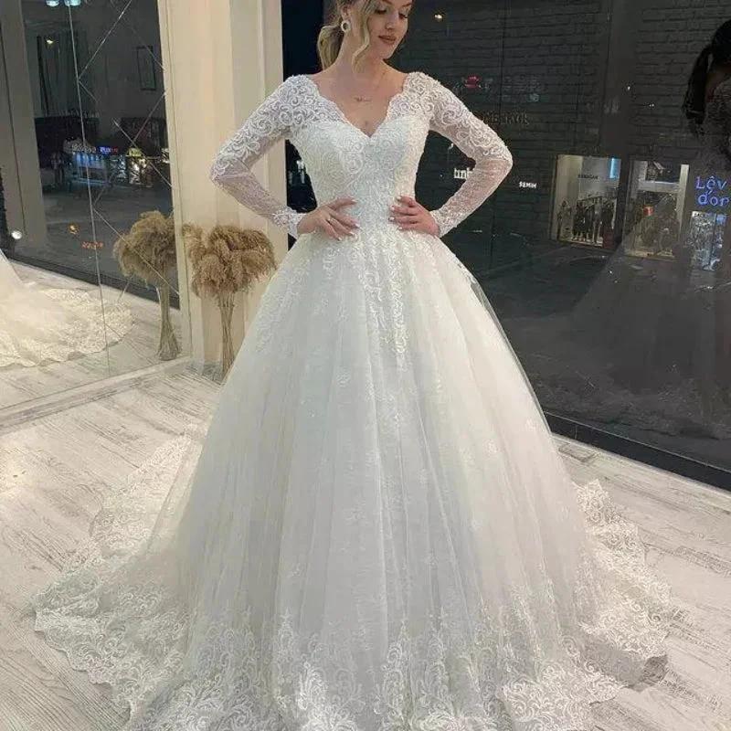 Romantic V-Neck Wedding Dress 2022 Lace Appliques Tulle Vestidos De Noiva Full sleeve Backless Bridal Gown Custom Robe De Mariee (ZD14125) - VelvetHem