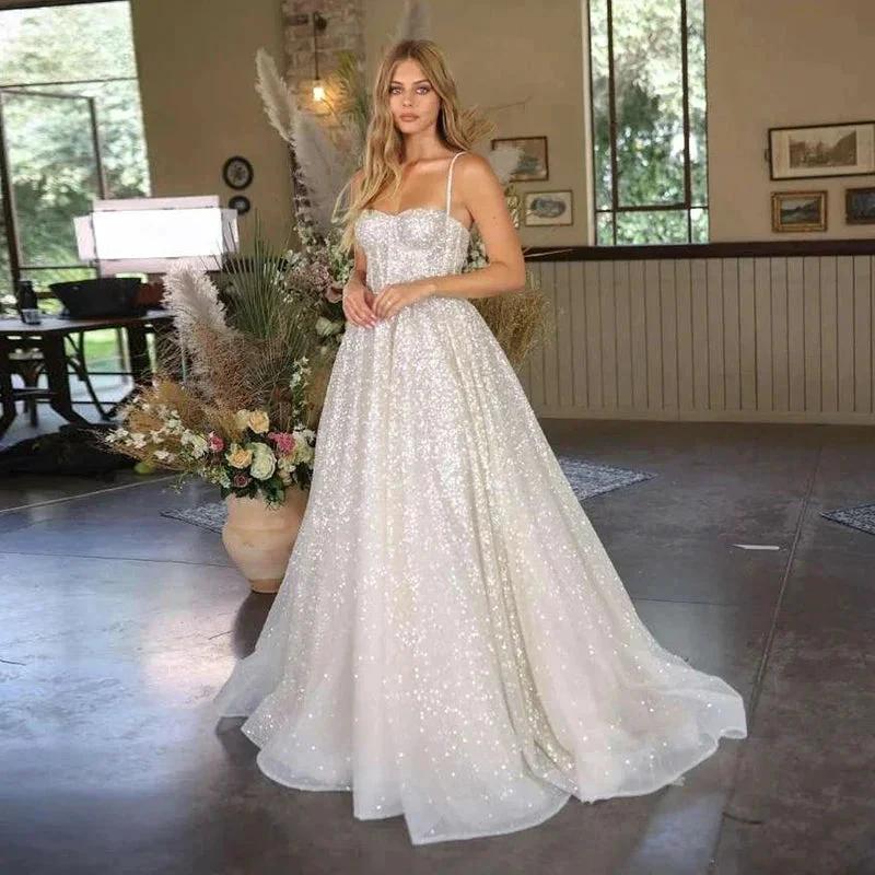 Bohemian Wedding Gowns A-Line Women's Sweetheart Bridal Dresses Sexy Sleeveless Sparkling Tulle Robe Vestidos Fiesta فستان (ZD14140)