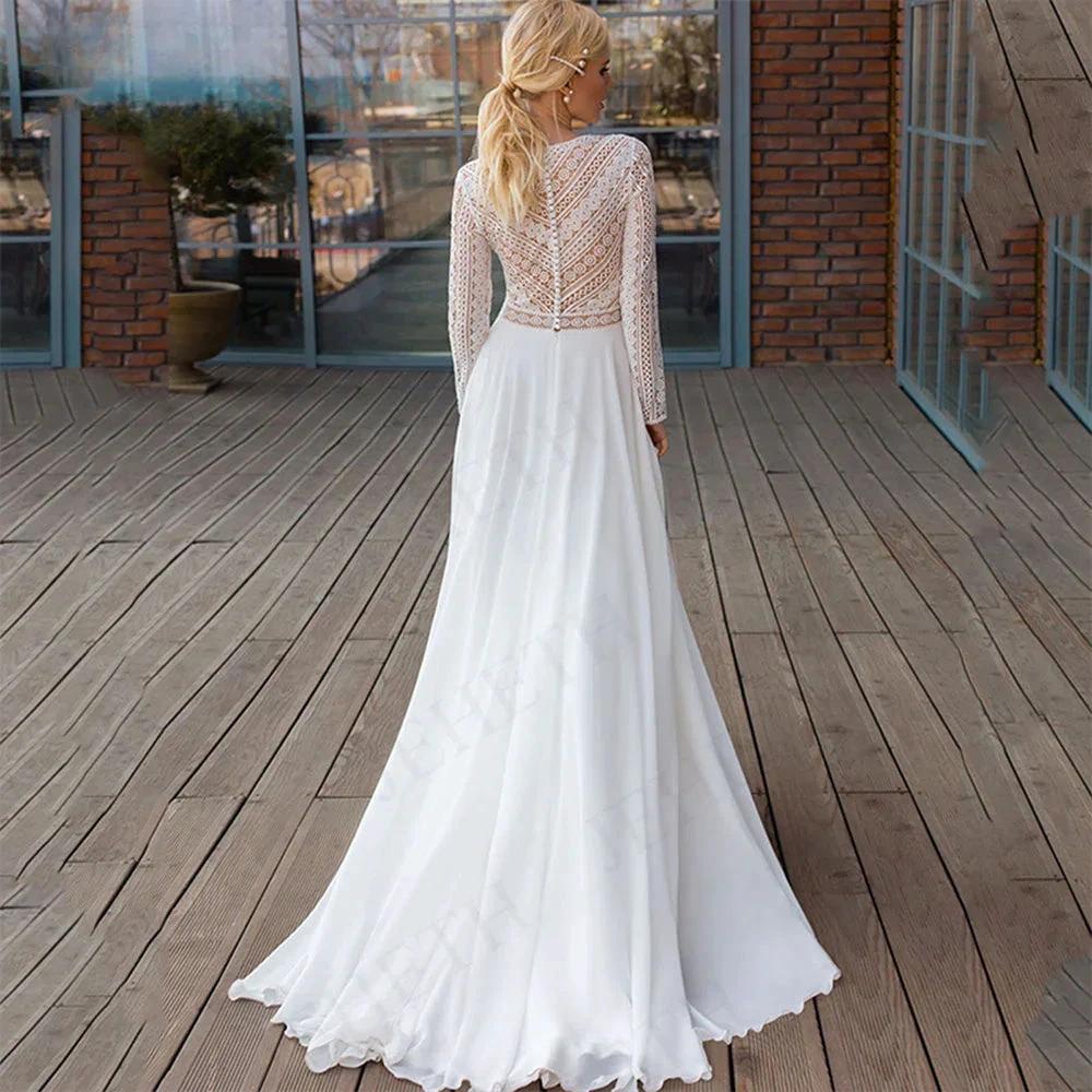 Wedding Dresses Long Sleeves Bohemian Illusion Lace Appliqued Chiffon Bridal Gowns Beach V-Neck A Line Robes (ZD13527)