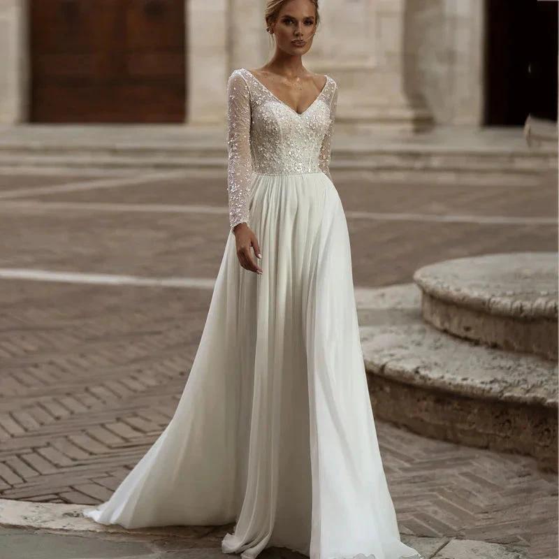 Modern Long Sleeve Wedding Dresses Simple Chiffon Lace Sequined Bridal Gowns Charming Backless A-Line vestidos de noiva (ZD13380)