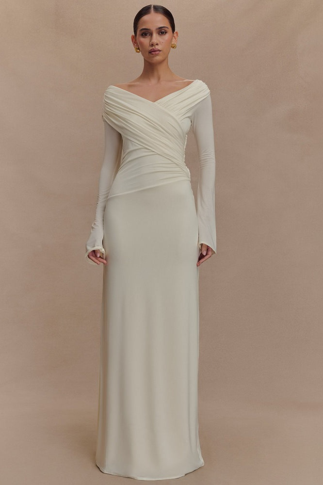 V - Neck Slim Fit Ruched Maxi Dress