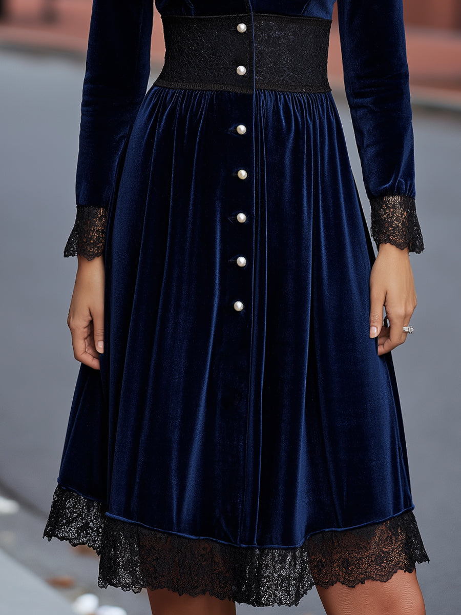 Velvet Lace-Trim Button-Front Midi Dress