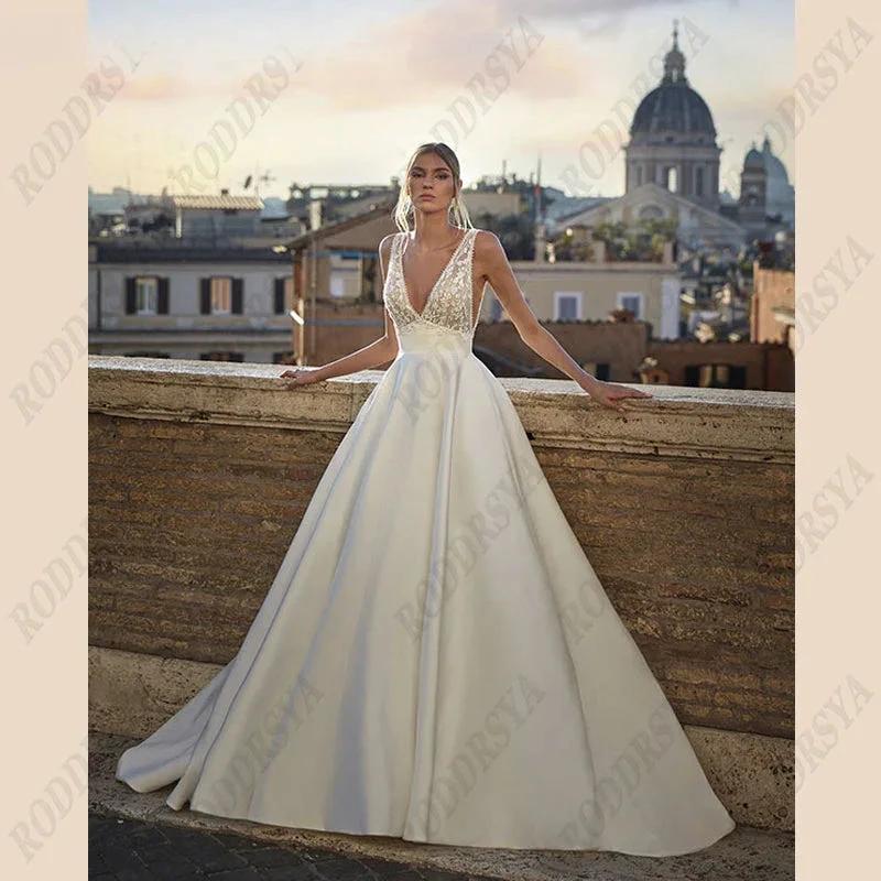 Soft Satin V-Neck Wedding Dresses For Women A-Line Backless Bridal Gowns Sleeveless Insertable Pocket Robe De Mari�e (ZD13376) - VelvetHem
