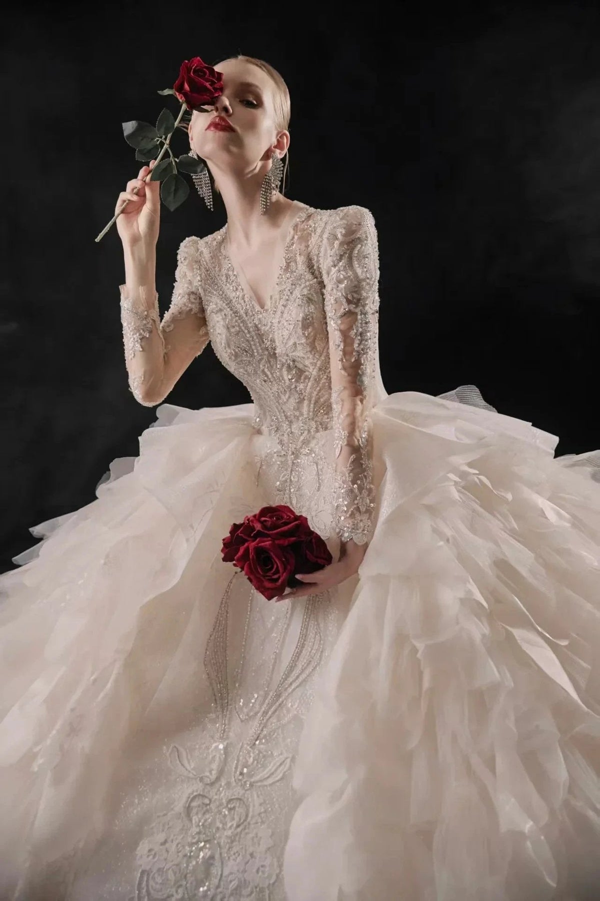 Luxurious V-Neck Ball Gown Long Lace Sleeve Beaded Embroidery Wedding Dress with Layered Ruffled Train (ZD16898)