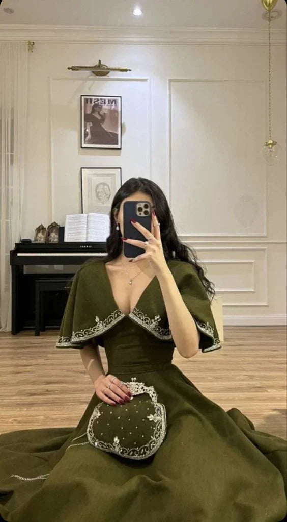 Retro Style V Neck Long Prom Dress,Winter Dance Dress