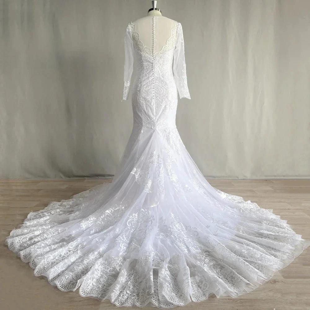 Gorgeous Lace Long Sleeve Mermaid Wedding Dresses Tulle Bridal Gown For Women Cathedral Train V-Neck Appliques Button Back (ZD14087)