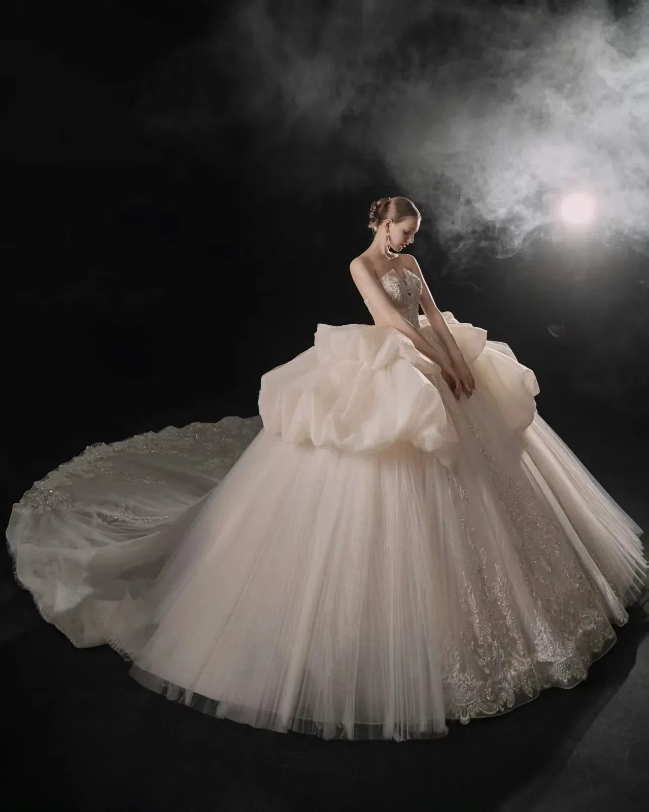 Opulent High-Neck Ball Gown Beaded Mesh Capelet Ruffled Skirt Wedding Dress with Sparkling Train (ZD16907)