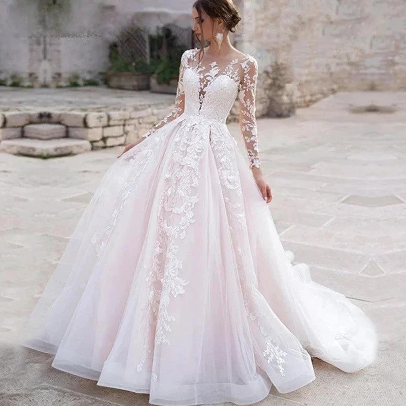 Luxury Pink Long Sleeves Wedding Dress Ball Gown Lace Appliques O-Neck Button Royal Train Bride Gowns Vestido De Novia Princess (ZD13368)