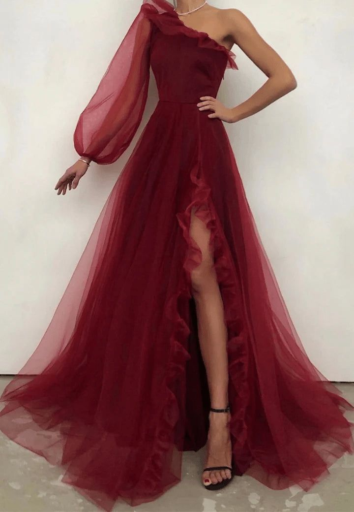 Burgundy One Shoulder Tulle Slit Pleated Evening Dress A Line Party Prom Dress - VelvetHem