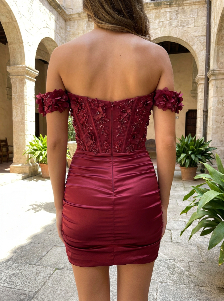 Off-the-Shoulder Corset Mini Dress with 3D Appliques Homecoming Dresses