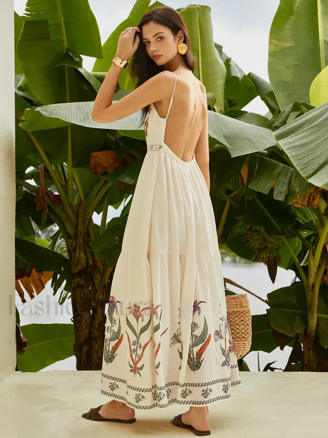 Backless Pleated Floral Dress Multicolor / XS Dresses