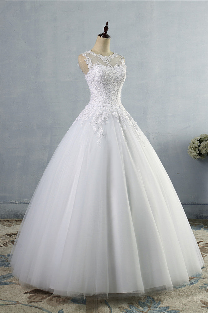 Ball Gown Jewel Tulle Lace Wedding Dress White Appliques Sleeveless Bridal Gowns On Sale (ZD17458)