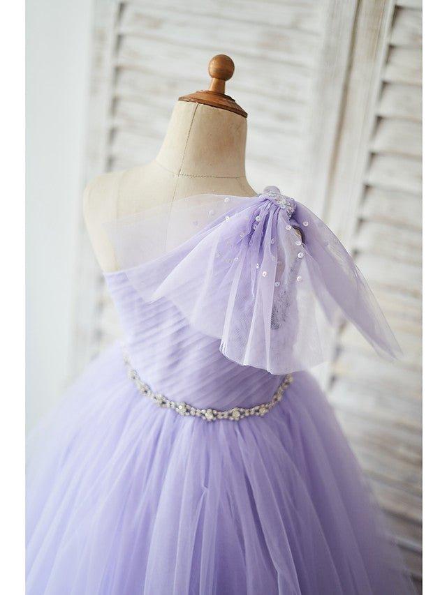 Ball Gown Tulle Sleeveless One Shoulder Wedding Birthday Flower Girl Dresses