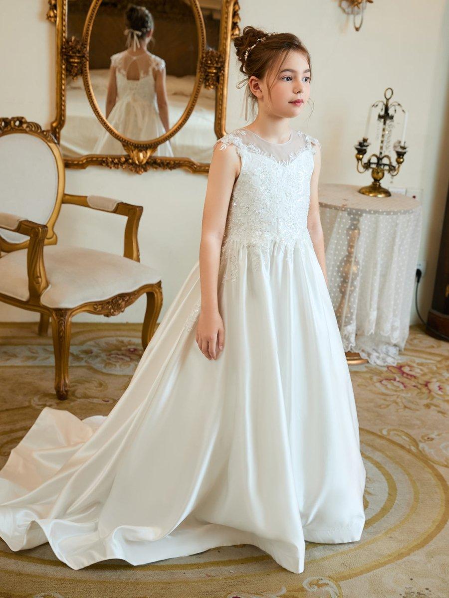 Ball-Gown/Princess Satin Sweep Train First Communion Flower Girl Dress