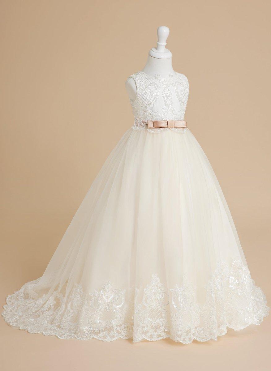 Ball-Gown/Princess Tulle Sweep Train Ivory  Flower Girl Dress
