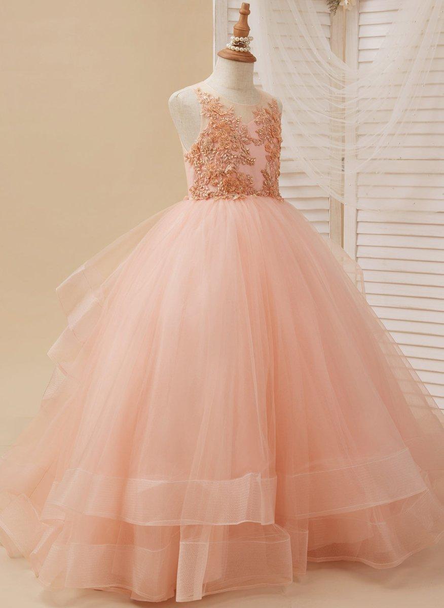 Ball-Gown/Princess Tulle Sweep Train Pink Flower Girl Dress - photo 1