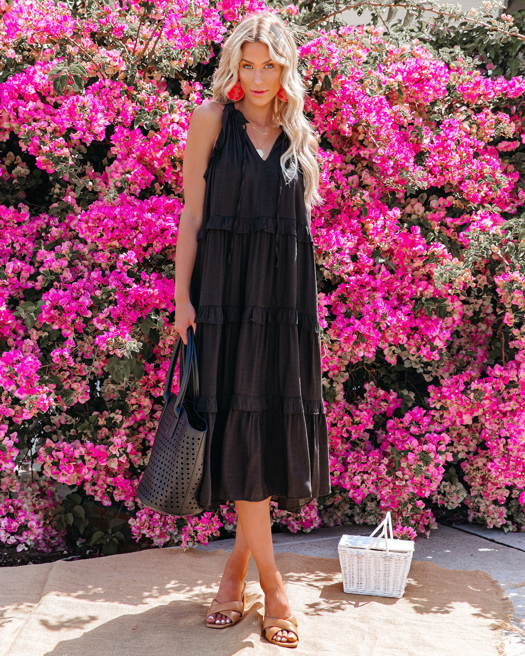 Ballard Cotton Blend Pocketed Tiered Midi Dress Black