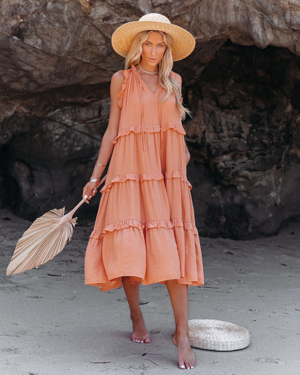 Ballard Cotton Blend Pocketed Tiered Midi Dress Papaya