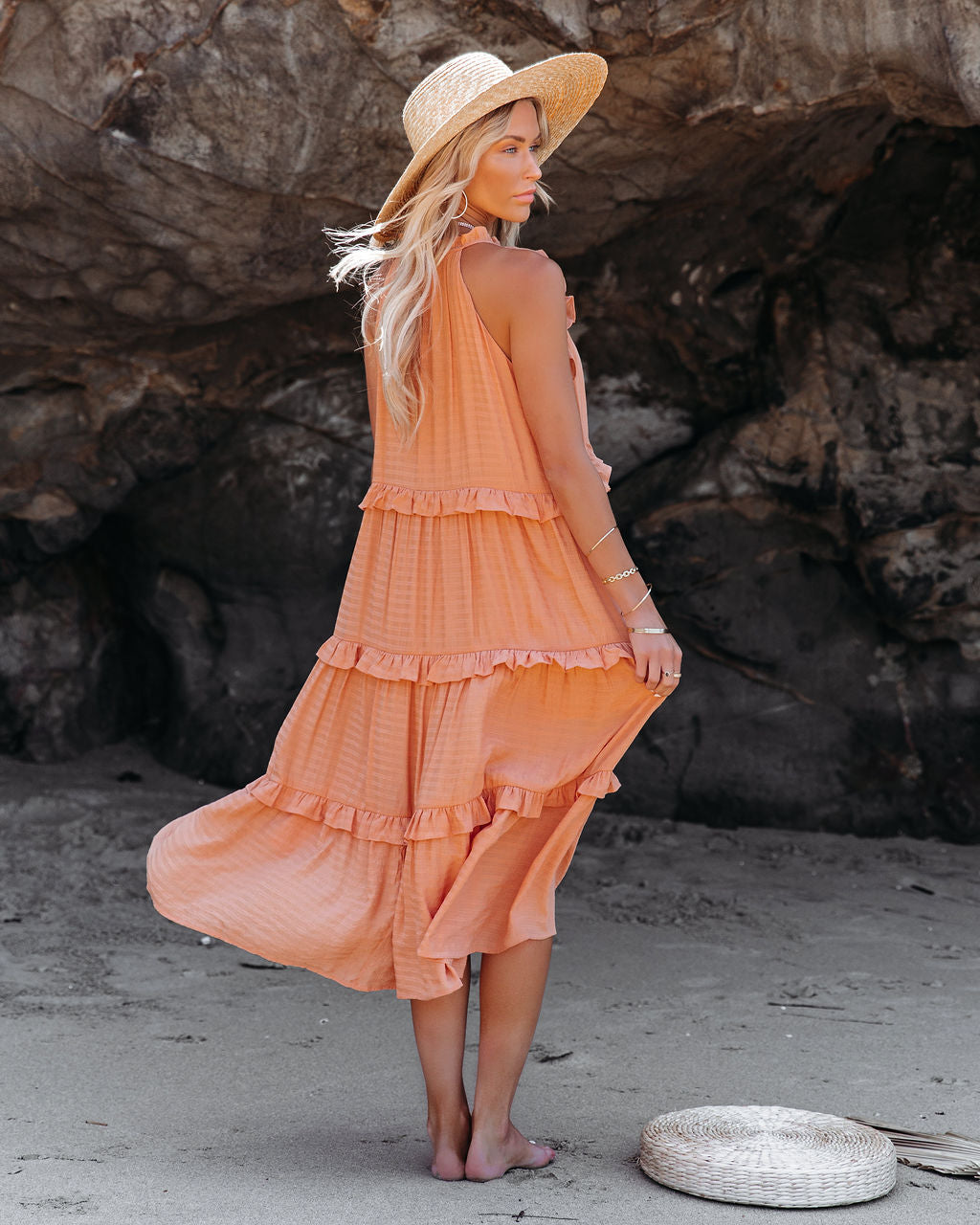 Ballard Cotton Blend Pocketed Tiered Midi Dress Papaya