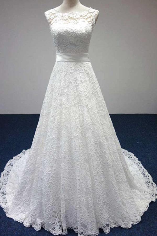 Bateau A-Line Lace Sash Bowknot Sleeveless Wedding Dress (ZD16382)