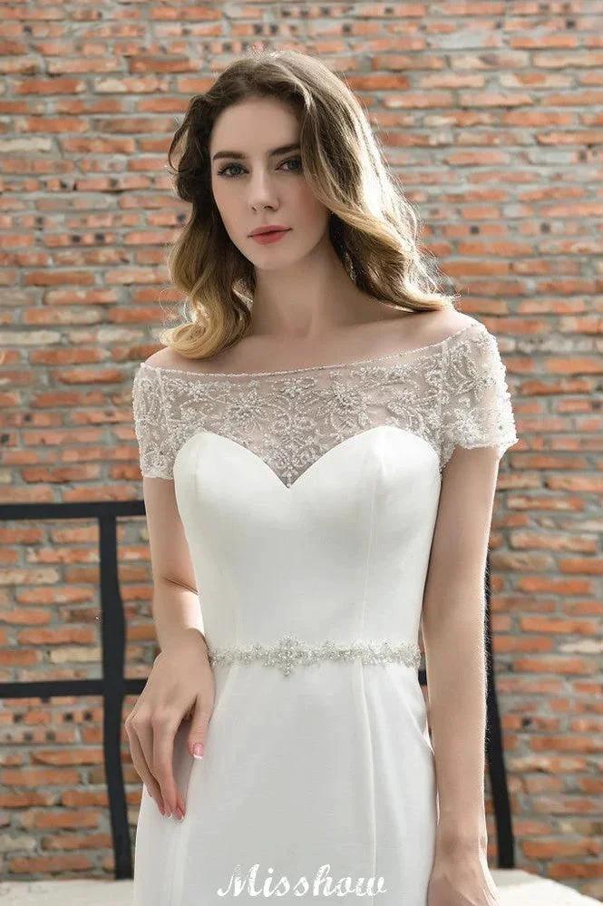 Bateau Short Sleeve Slim Mermaid Wedding Gown Satin Bridal Gown Sweep/Trump Train (ZD13963)