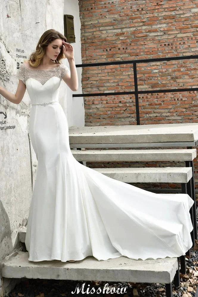 Bateau Short Sleeve Slim Mermaid Wedding Gown Satin Bridal Gown Sweep/Trump Train (ZD13963) - VelvetHem