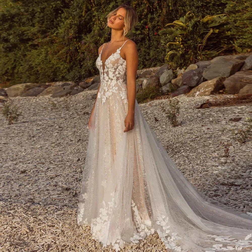 Boho Lace Wedding Dress Spaghetti Straps Deep V-Neck A-Line Bridal Gown with 3D Floral Appliqués