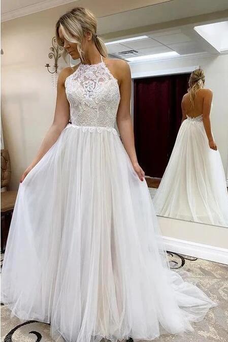 Beach Long A Line Halter Tulle Lace Backless Wedding Dress (ZD15842)