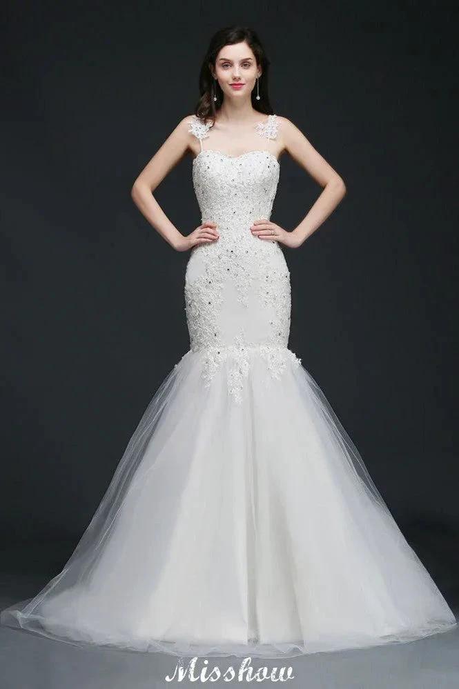 Beading Mermaid Spaghetti Strap Romantic Wedding Dress (ZD13944) - VelvetHem