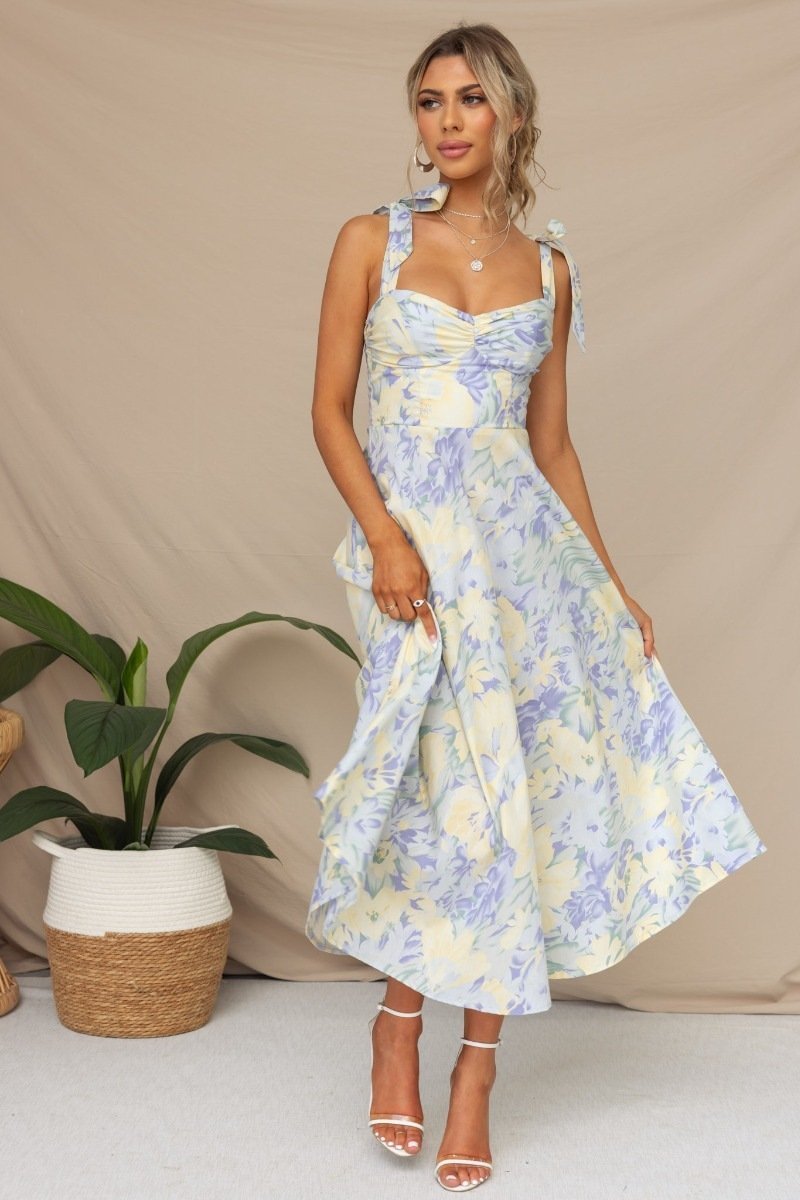 Salomé Premium Printed Midi Dress with Straps Designer Edit