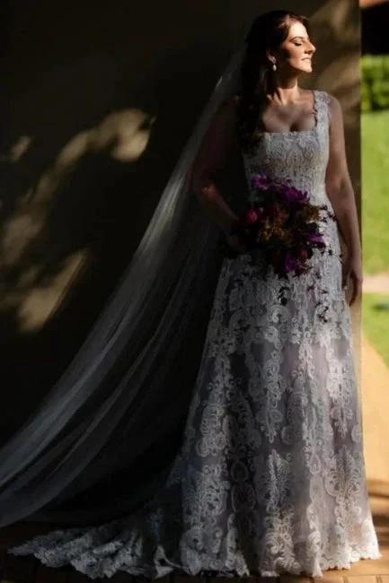 Beautiful A-Line Lace Square Sleeveless Ivory Long Wedding Dress With Appliques (ZD16638)