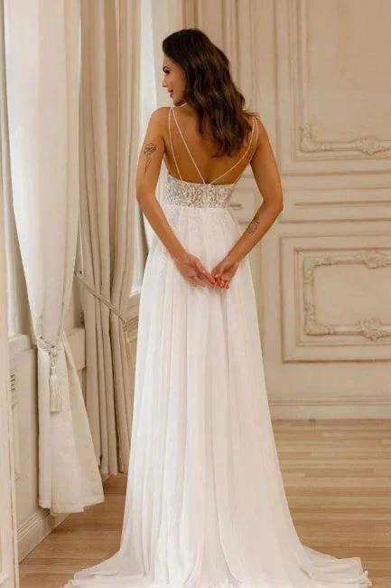 Beautiful A-Line Lace V-Neck Sleeveless White Wedding Dress With Appliques (ZD16670)