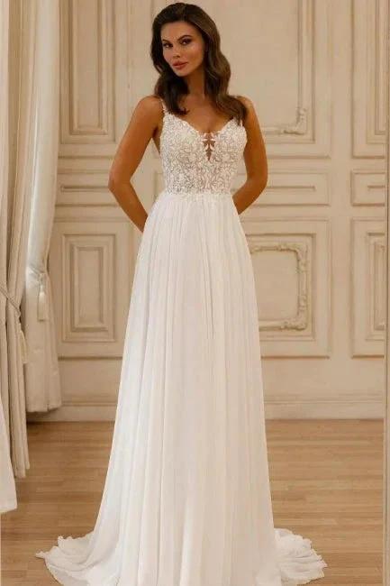 Beautiful A-Line Lace V-Neck Sleeveless White Wedding Dress With Appliques (ZD16670)