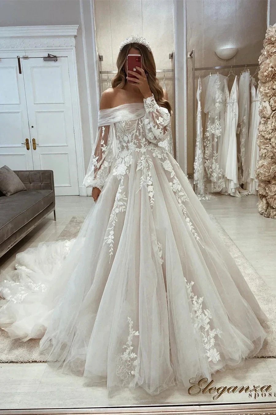 Beautiful A-line Off-the-shoulder Appliques Long Sleeves Wedding Dress With Lace (ZD14579)