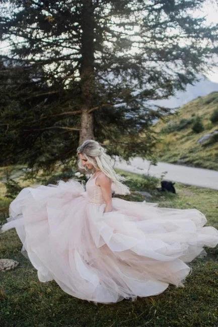 Beautiful A-line V-neck Backless Tulle Sleeveless Wedding Dresses (ZD16510)