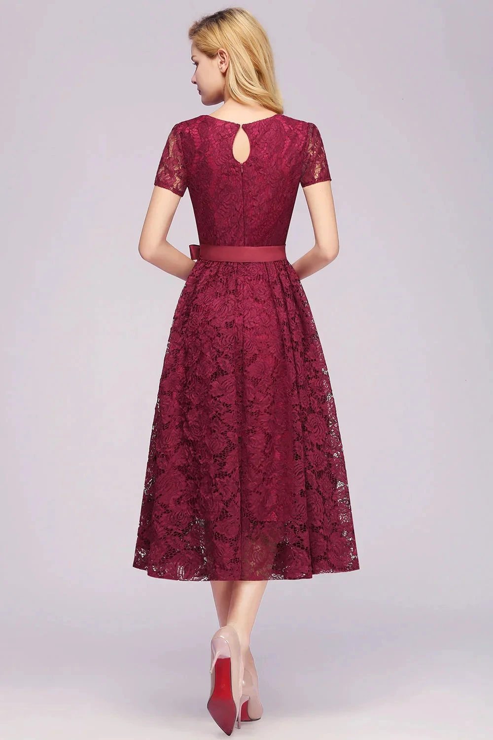 Beautiful A-Line V-Neck Short Sleeve Lace Short Bridesmaid Dresses (ZD12854)
