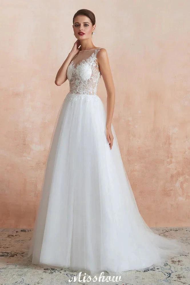 Beautiful Bateau Neck White Wedding Dress Sparkly Sequins Lace Bridal Gown (ZD13973)