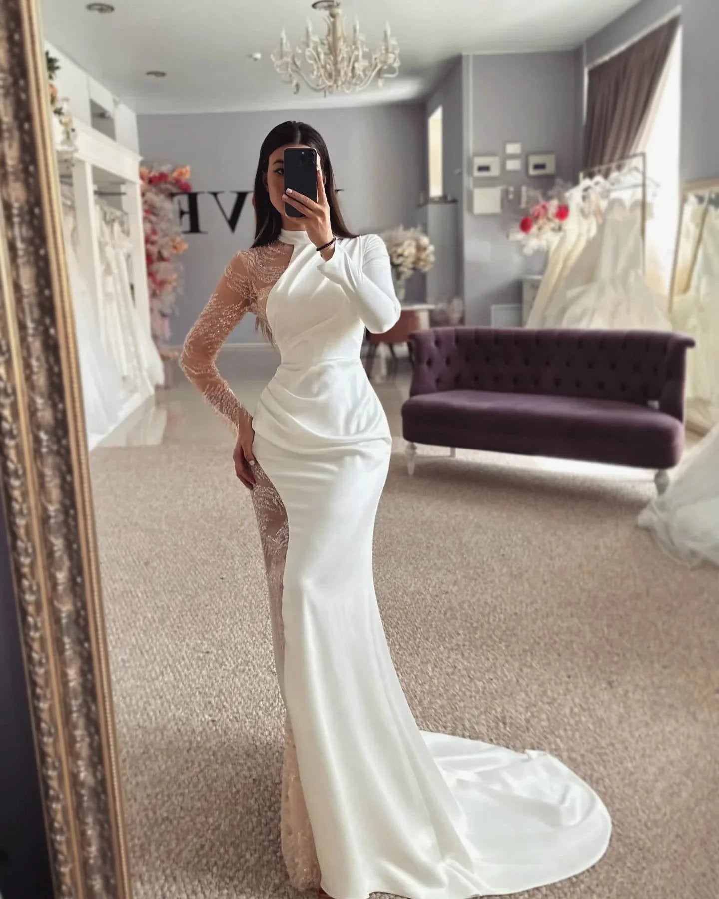 Beautiful Column Satin Lace Halter Long Sleeve Wedding Dress With Appliques (ZD15534)