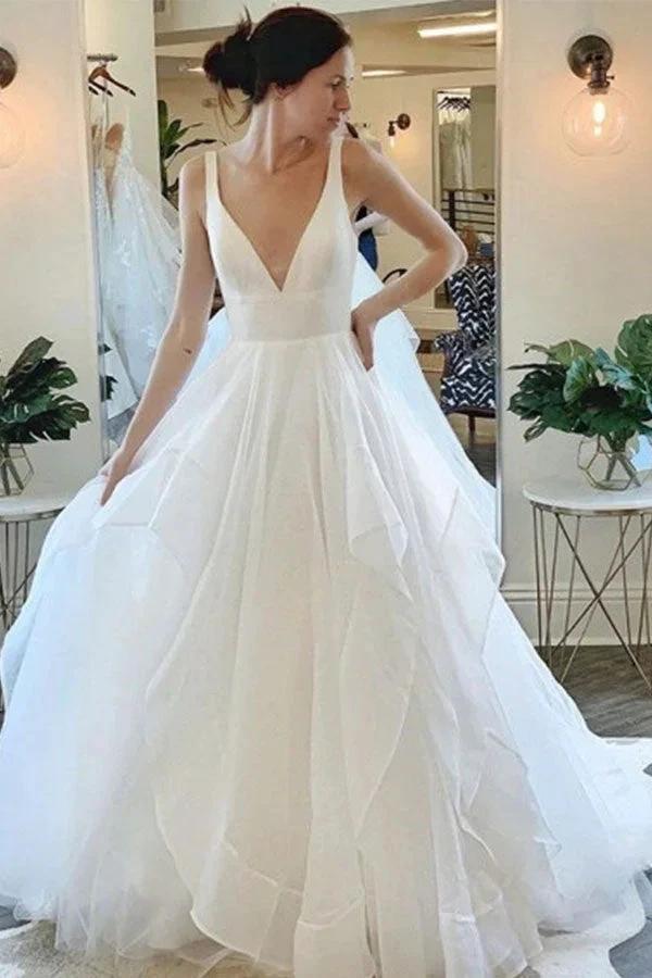 Beautiful Deep V-Neck Sleeveless Tulle Wedding Dress with Ruffless (ZD13817) - VelvetHem
