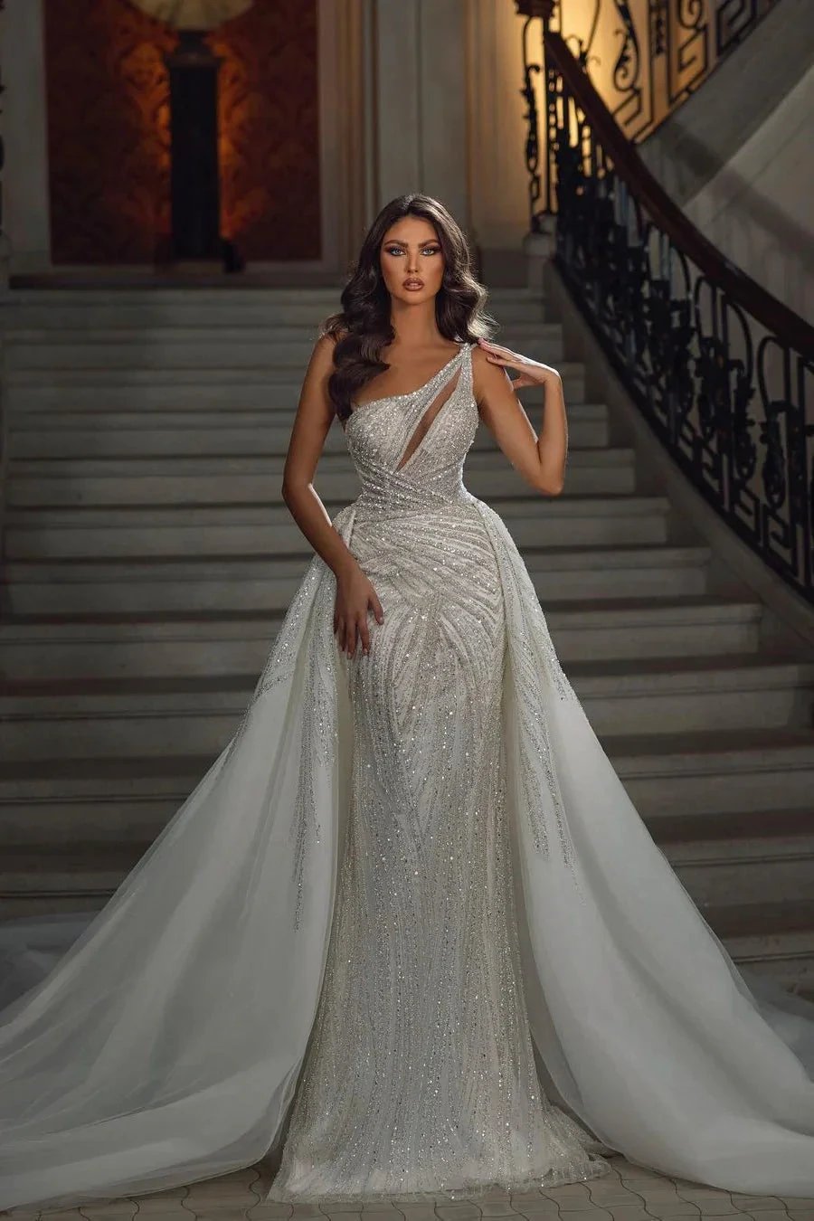 Beautiful Floor Length Sleeveless Mermaid Sequined Wedding Dress with Lace (ZD14777)