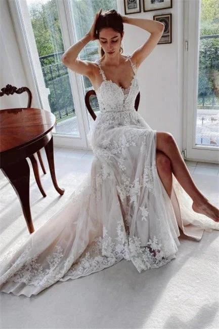 Beautiful Ivory A-Line Lace Wedding Dresses With Slit (ZD14637) - VelvetHem